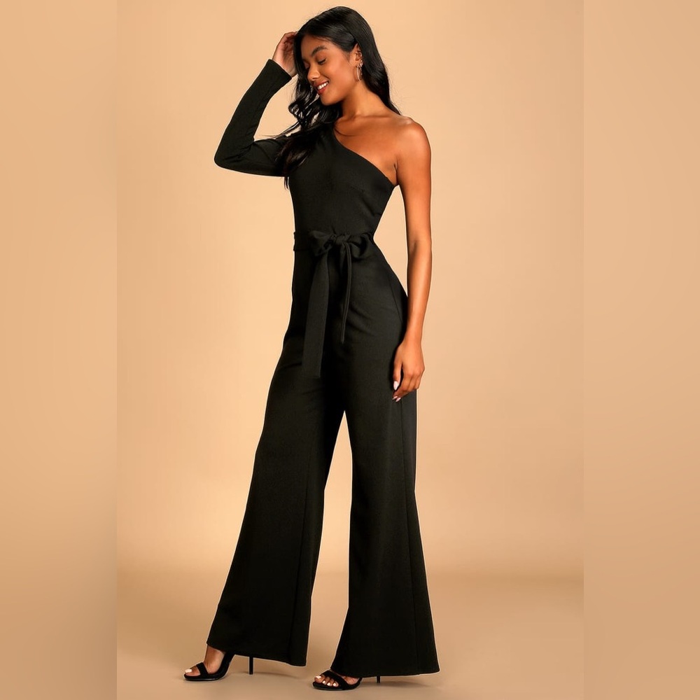 Lulus Peak of Perfection Black One Shoulder Wide Leg Jumpsuit NWT Women’s Small